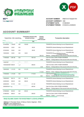 Iraq Islamic Bank For Investment & Development bank statement Excel and PDF template