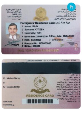 Iraq (Kurdistan) residence card PSD template, with fonts