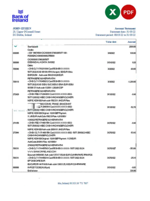 Ireland Bank of Ireland bank statement Excel and PDF template