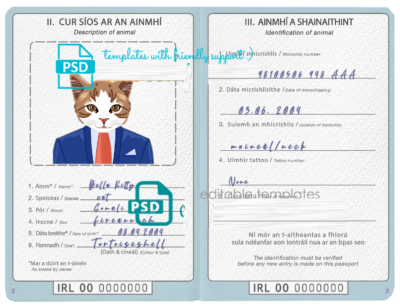 Ireland cat (animal, pet) passport PSD template, completely editable