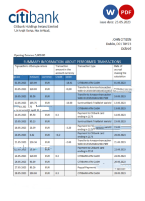 Ireland Citibank bank statement Word and PDF template