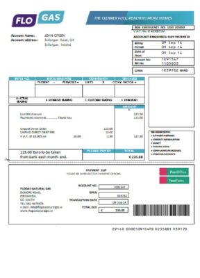 Ireland Flogas Natural Gas utility bill template in Word and PDF format