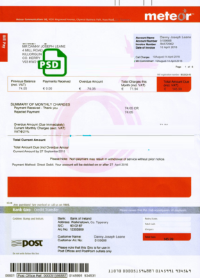 Ireland Meteor utility bill template fully editable in PSD format