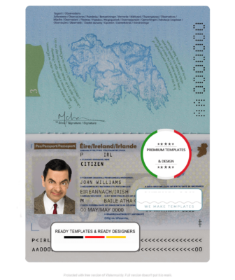 Ireland passport template in PSD format (+editable PSD photo look), fully editable, with all fonts