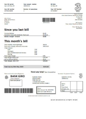 Ireland Three.ie utility bill template in Word and PDF format