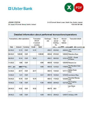 Ireland Ulster Bank statement Excel and PDF template