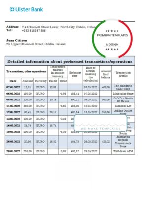 Ireland Ulster proof of address bank statement in Word and PDF format