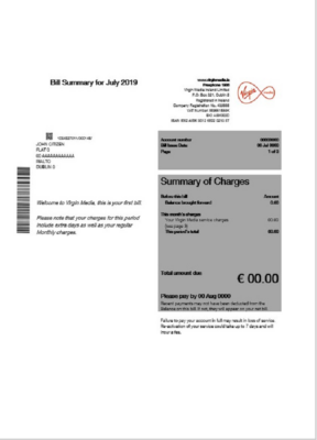 Ireland Virgin Media utility bill template editable in Word and PDF, version 1