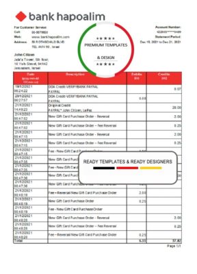 Israel Bank Hapoalim bank statement easy to fill template in .xls and .pdf file format