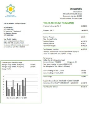 Israel Green Energy Association of Israel utility bill template in Word and PDF format (doc)