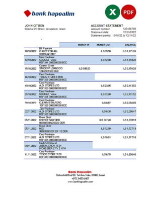 Israel Hapoalim bank statement Excel and PDF template