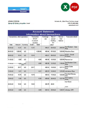 Israel Leumi bank statement Excel and PDF template