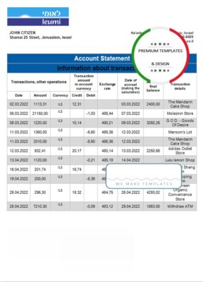 Israel Leumi proof of address bank statement template in Word and PDF format