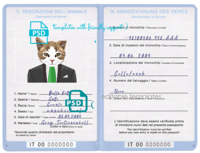 Italy cat (animal, pet) passport PSD template, fully editable