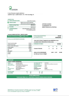 Italy Edison utility bill template in Word and PDF format, good for address prove