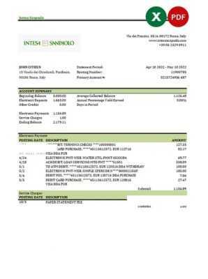 Italy Intesa Sanpaolo bank statement Excel and PDF template