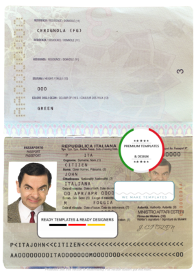 Italy passport template in PSD format, fully editable, with all fonts