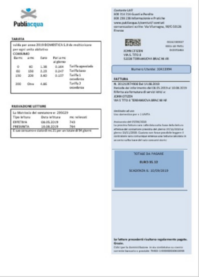 Italy Publiacqua utility bill template in Word and PDF format