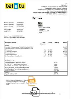 Italy TeleTu utility bill template in Word and PDF format