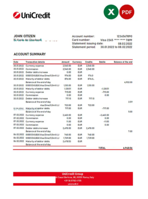 Italy Unicredit bank statement Excel and PDF template