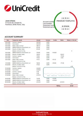 Italy Unicredit statement template in .doc and .pdf format, fully editable