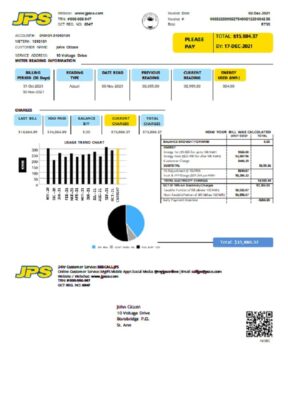 Jamaica Public Service Company Limited (JPS) electricity utility bill template in Word and PDF format