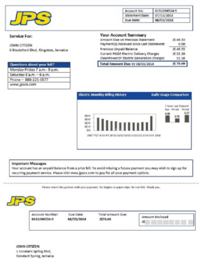 Jamaica Public Service (JPS) electricity utility bill template in Word and PDF format