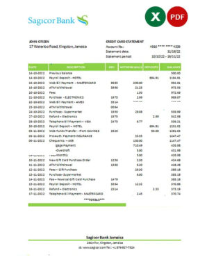 Jamaica Sagicor bank statement Excel and PDF template