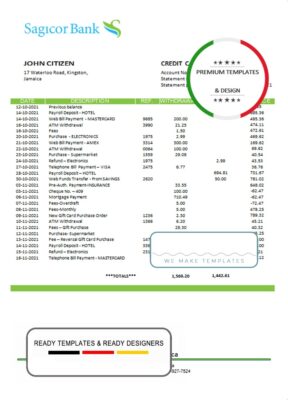 Jamaica Sagicor Bank statement template, Word and PDF format (.doc and .pdf)