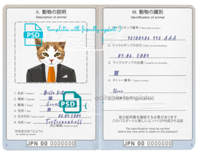 Japan cat (animal, pet) passport PSD template, completely editable