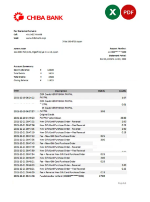 Japan Chiba bank statement Excel and PDF template