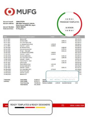 Japan MUFG bank statement template in Excel and PDF format