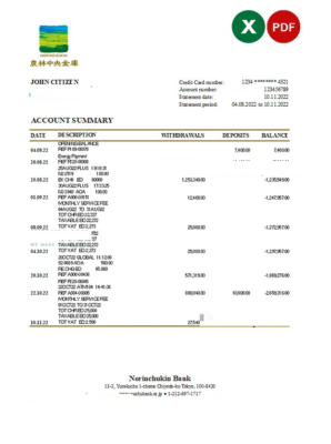 Japan Norinchukin bank statement Excel and PDF template