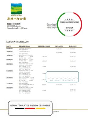 Japan Norinchukin bank statement template in Word and PDF format