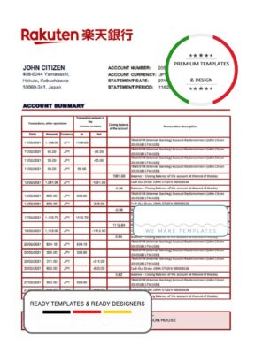 Japan Rakuten bank statement template in Excel and PDF format