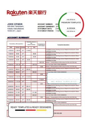 Japan Rakuten bank statement template in Word and PDF format