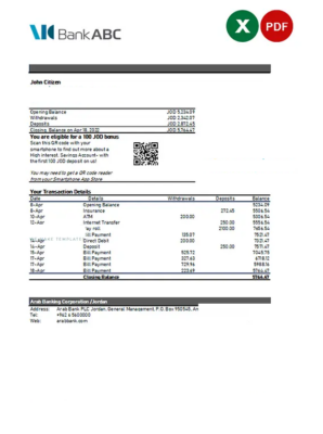 Jordan ABC bank statement Excel and PDF template