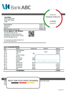 Jordan ABC proof of address bank statement template in Word and PDF format