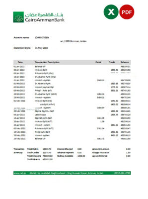 Jordan Cairo Amman bank statement Excel and PDF template