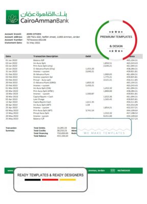 Jordan Cairo Amman proof of address bank statement template in Word and PDF format