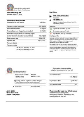 Jordan Jordanian Electric Power Co JEPCO electricity utility bill template in Word and PDF format