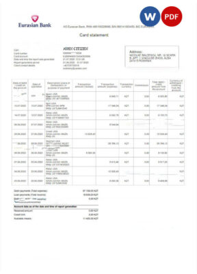 KAZAKHSTAN EURASIAN bank statement Word and PDF template