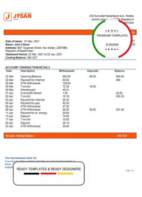 Kazakhstan First Heartland Jusan bank proof of address statement template in Word and PDF format