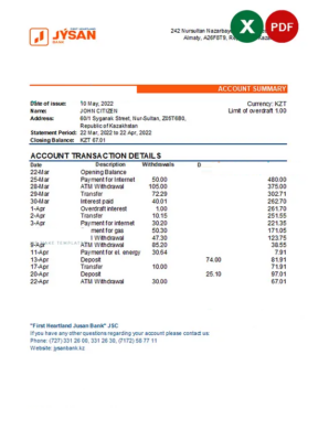 Kazakhstan First Heartland Jusan bank statement Excel and PDF template