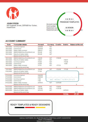 Kazakhstan Kaspi bank proof of address statement template in Word and PDF format