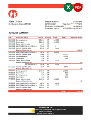 Kazakhstan Kaspi bank statement Excel and PDF template