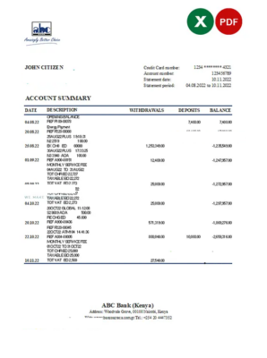 Kenya ABC bank statement Excel and PDF template