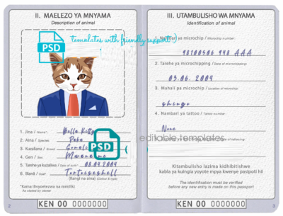 Kenya cat (animal, pet) passport PSD template, completely editable