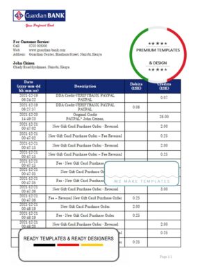 Kenya Guardian Bank proof of address statement template in Word and PDF format, .doc and .pdf format