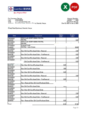 Kenya Guardian Bank statement Excel and PDF template